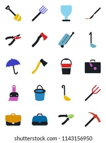 Color and black flat icon set - suitcase vector, umbrella, job, farm fork, bucket, pruner, axe, scalpel, fragile, themes, ladle, case, hard work