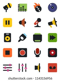 Color and black flat icon set - vinyl vector, flame disk, microphone, speaker, loudspeaker, equalizer, pause button, stop, fast forward, rec, hdmi, tuning, record