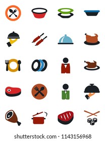 Color and black flat icon set - spoon and fork vector, waiter, dish, cafe, plates, chicken, steak, kebab, ham, bowl, steaming pan, sushi