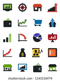 Color and black flat icon set - checkroom vector, growth statistic, money bag, crisis graph, store, monitor statistics, pie, hr, target, arrow up, wallet, cart, presentation, storefront