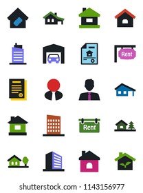 Color and black flat icon set - office building vector, house, contract, with garage, tree, estate document, rent, agent, smart home, city, eco