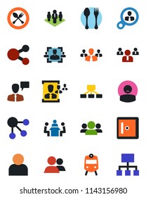 Color and black flat icon set - spoon and fork vector, train, checkroom, speaking man, team, patient, group, user, hr, meeting, company, consumer search, social media, hierarchy