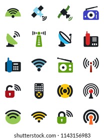 Color and black flat icon set - antenna vector, office phone, satellite, radio, remote control, wireless, lock