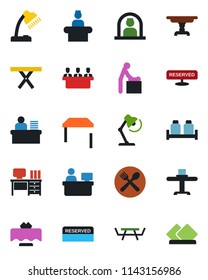 Color and black flat icon set - baby room vector, reception, desk, manager place, picnic table, lamp, meeting, restaurant, cafe, reserved, salt and pepper, serviette
