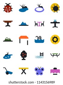 Color and black flat icon set - cafe vector, lawn mower, butterfly, lady bug, sun, pond, picnic table, pool, fruit tree, mountains, restaurant
