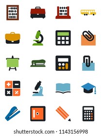 Color and black flat icon set - airport bus vector, checkroom, book, calculator, graduate, abacus, presentation board, microscope, case, paper clip, pencil, stapler