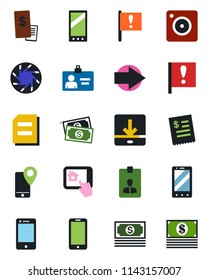 Color and black flat icon set - right arrow vector, mobile phone, identity card, document, important flag, cash, tracking, cell, camera, download, restaurant receipt, home control app