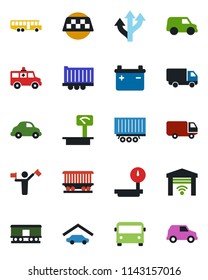 Color and black flat icon set - dispatcher vector, taxi, airport bus, ambulance car, route, railroad, truck trailer, delivery, heavy scales, garage, gate control, battery