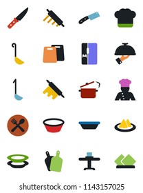 Color and black flat icon set - fridge vector, cook, restaurant table, serviette, cafe, hat, plates, waiter, ladle, bowl, rolling pin, cutting board, knife, steaming pan