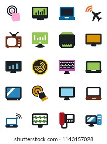 Color and black flat icon set - plane radar vector, wireless notebook, pc, statistic monitor, pulse, tv, touch screen, laptop, hdmi, statistics, intercome