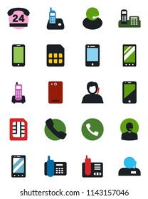 Color and black flat icon set - phone vector, mobile, office, 24 hours, support, cell, radio, back, call, sim