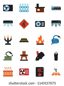 Color and black flat icon set - fire vector, hose, fireplace, heater, air conditioner, candle, water, smoke detector, radiator, warm floor
