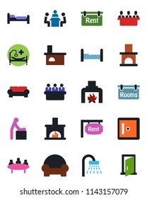 Color and black flat icon set - baby room vector, bed, shower, checkroom, meeting, fireplace, hospital, rent, rooms, bedroom, cushioned furniture, door