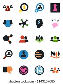 Color and black flat icon set - female vector, team, brainstorm, network, share, group, finger down, user, company, client search, consumer