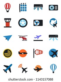 Color and black flat icon set - plane vector, airport tower, radar, departure, wind, helicopter, seat map, globe, air conditioner, fan, paper, balloon