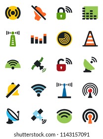 Color and black flat icon set - antenna vector, border cone, radar, satellite, equalizer, wireless, mute, lock