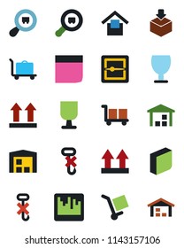 Color and black flat icon set - baggage trolley vector, fragile, cargo, warehouse storage, up side sign, no hook, package, search, scanner, blank box