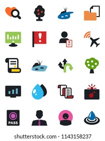 Color and black flat icon set - plane radar vector, bomb in case, passport, contract, statistic monitor, water drop, heart diagnostic, patient, route, important flag, folder document, pond