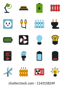Color and black flat icon set - bulb vector, battery, low, rca, desk lamp, heater, socket, power plug, fan, water, air conditioner, radiator, warm floor, energy saving, windmill, idea