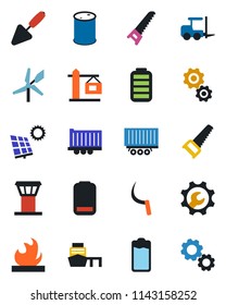 Color and black flat icon set - airport tower vector, fork loader, trowel, saw, sickle, truck trailer, sea port, flammable, oil barrel, battery, low, root setup, sun panel, crane, windmill, gear