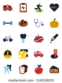 Color and black flat icon set - plant label vector, pumpkin, seeds, heart pulse, stethoscope, dropper, ambulance car, barbell, bike, run, lungs, tooth, implant, clipboard, diet, bread, apple fruit