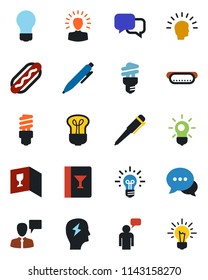 Color and black flat icon set - speaking man vector, pen, brainstorm, bulb, dialog, wine card, hot dog, energy saving, shining head, idea