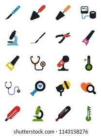 Color and black flat icon set - trowel vector, pruner, saw, stethoscope, blood pressure, thermometer, heart diagnostic, microscope, scalpel, microphone