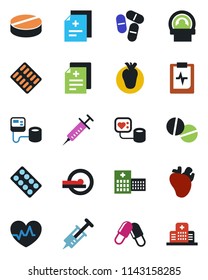 Color and black flat icon set - heart pulse vector, diagnosis, syringe, blood pressure, pills, blister, tomography, real, clipboard, hospital