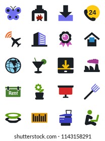 Color and black flat icon set - plane radar vector, office building, medal, presentation board, factory, farm fork, butterfly, 24 hours, warehouse storage, barcode, download, copier, rent, fireplace