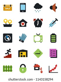 Color and black flat icon set - smoking place vector, tv, lock, glove, rain, syringe, speaker, cell phone, battery, alarm, compass, checklist, career ladder, warehouse, fence, sale, sweet home