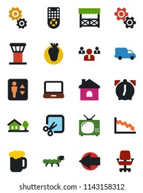 Color and black flat icon set - airport tower vector, elevator, left arrow, team, house, caterpillar, real heart, car delivery, remote control, laptop pc, alarm, cut, with tree, tv, beer, alcove