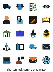 Color and black flat icon set - speaking man vector, mail, dollar sign, case, office binder, eye, car delivery, warehouse, rack, laptop pc, group, user, notes, paper clip, phone, hierarchy, stamp