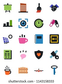Color and black flat icon set - plane vector, presentation board, coffee, brainstorm, fence, pills, heart shield, satellite, themes, scanner, copybook, bar graph, handshake, contract, sun panel, tie