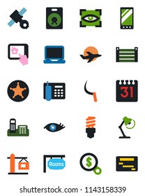 Color and black flat icon set - sickle vector, eye, plane, satellite, container, laptop pc, speaker, mobile, calendar, office phone, desk lamp, rooms, crane, home control app, energy saving bulb