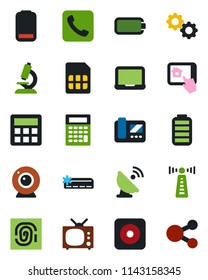 Color and black flat icon set - antenna vector, notebook pc, microscope, satellite, battery, low, rec button, call, calculator, sim, air conditioner, tv, web camera, intercome, home control app