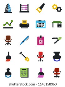 Color and black flat icon set - office chair vector, desk, job, pruner, saw, themes, calendar, building, identity card, abacus, point graph, printer, contract, stamp, pen, gear