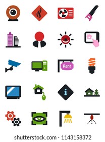 Color and black flat icon set - saw vector, tv, house with tree, rent, office building, estate agent, home control, web camera, air conditioner, pc, app, gear, smoke detector, energy saving bulb