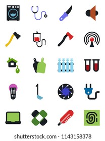 Color and black flat icon set - garden knife vector, axe, stethoscope, blood test vial, dropper, thermometer, patch, antenna, speaker, remote control, mobile camera, notebook pc, washer, ladle, home