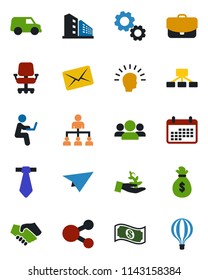 Color and black flat icon set - hierarchy vector, office building, group, gear, palm sproute, shining head, handshake, money bag, chair, calendar, cash, case, car, paper plane, social media, mail