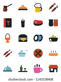 Color and black flat icon set - coffee vector, dish, alcohol, cafe, wine card, reception, beer, salad, plates, egg stand, salt and pepper, bread, candle, steak, kebab, hamburger, steaming pan