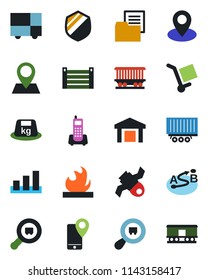 Color and black flat icon set - pin vector, railroad, satellite, office phone, mobile tracking, truck trailer, container, consolidated cargo, folder document, warehouse, sorting, shield, heavy