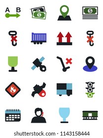 Color and black flat icon set - pin vector, satellite, cash, traffic light, support, truck trailer, term, consolidated cargo, fragile, up side sign, no trolley, hook, flammable, route, railroad