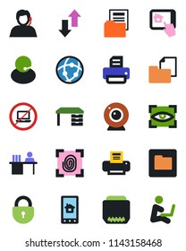 Color and black flat icon set - no laptop vector, lock, desk, printer, support, folder document, hdmi, network, data exchange, manager, fingerprint, web camera, home control app, eye scan