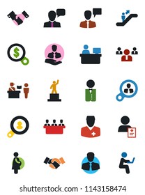 Color and black flat icon set - passport control vector, escalator, handshake, speaking man, pedestal, team, manager place, doctor, patient, pregnancy, client, speaker, meeting, search, waiter