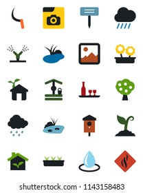 Color and black flat icon set - sproute vector, seedling, water drop, rain, well, sickle, plant label, pond, bird house, gallery, photo, fruit tree, flower in pot, alcohol, eco, irrigation