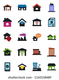 Color and black flat icon set - airport building vector, factory, house, warehouse storage, with tree, estate document, office, sweet home, city, cafe, eco, control app, garage gate, message
