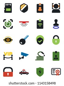 Color and black flat icon set - alarm car vector, stamp, lock, identity card, hose, shield, protect, sd, face id, eye, key, vip zone, pass, surveillance, sprinkler, certificate