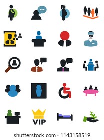 Color and black flat icon set - male vector, vip, reception, bed, speaking man, team, meeting, manager place, disabled, doctor, pregnancy, speaker, group, hr, estate agent, consumer search
