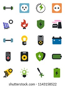 Color and black flat icon set - bulb vector, factory, fire, ripper, barbell, remote control, speaker, protect, battery, charge, sun panel, socket
