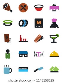 Color and black flat icon set - cafe vector, coffee, waiter, cook, dish, alcohol, restaurant table, menu, reserved, cocktail, plates, bacon, building, receipt, ham, bowl, knife, serviette